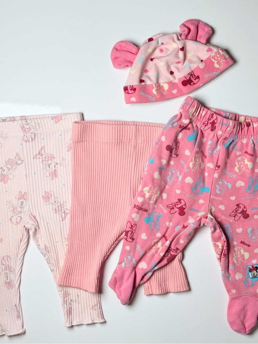 Official Disney Baby Minnie Mouse Pants & Ear Beanie Bundle 4pc Set 3-6M Pastel